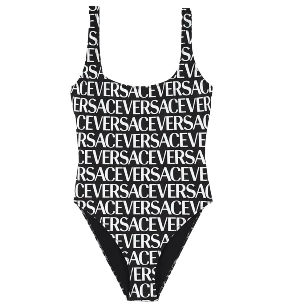 VERSACE All Over Logo One Piece Swimsuit In Black White - Size - 5